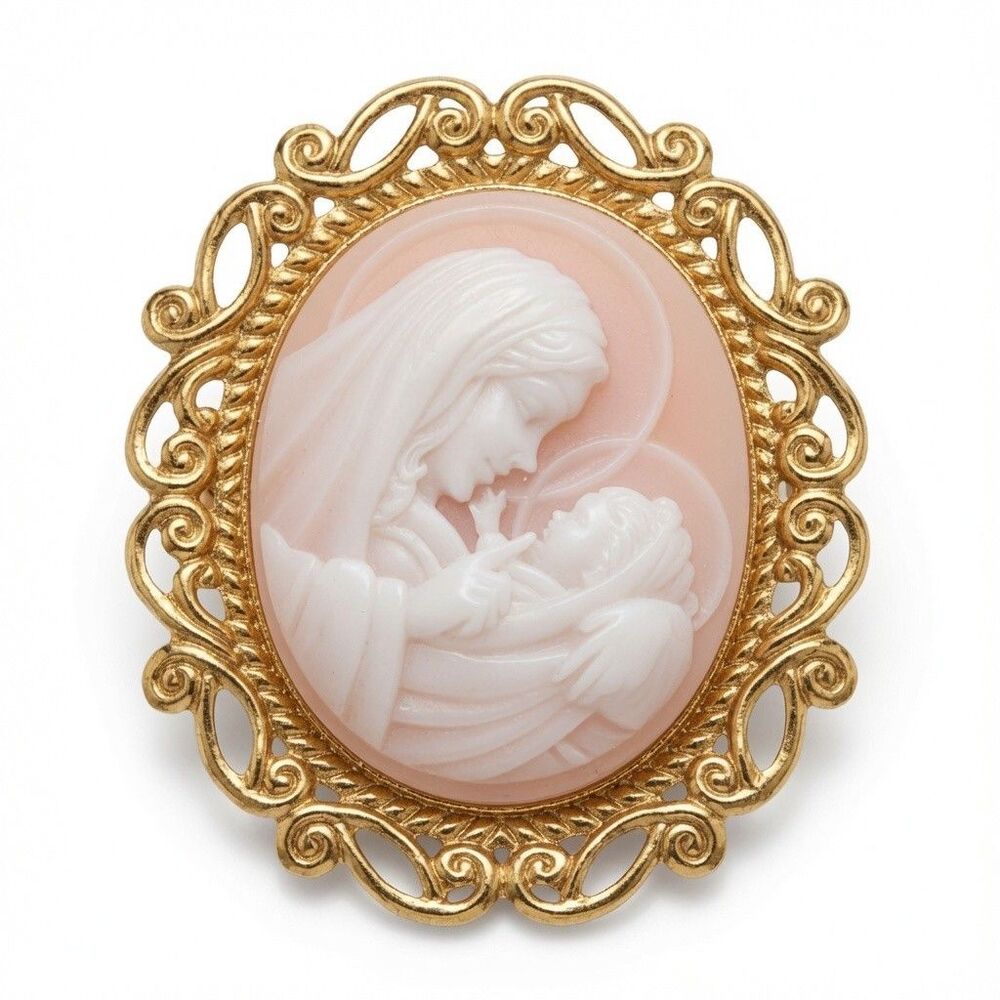 Vintage Light Weight  Gold Tone Madonna & Child Cameo Brooch Ornate Frame Pin